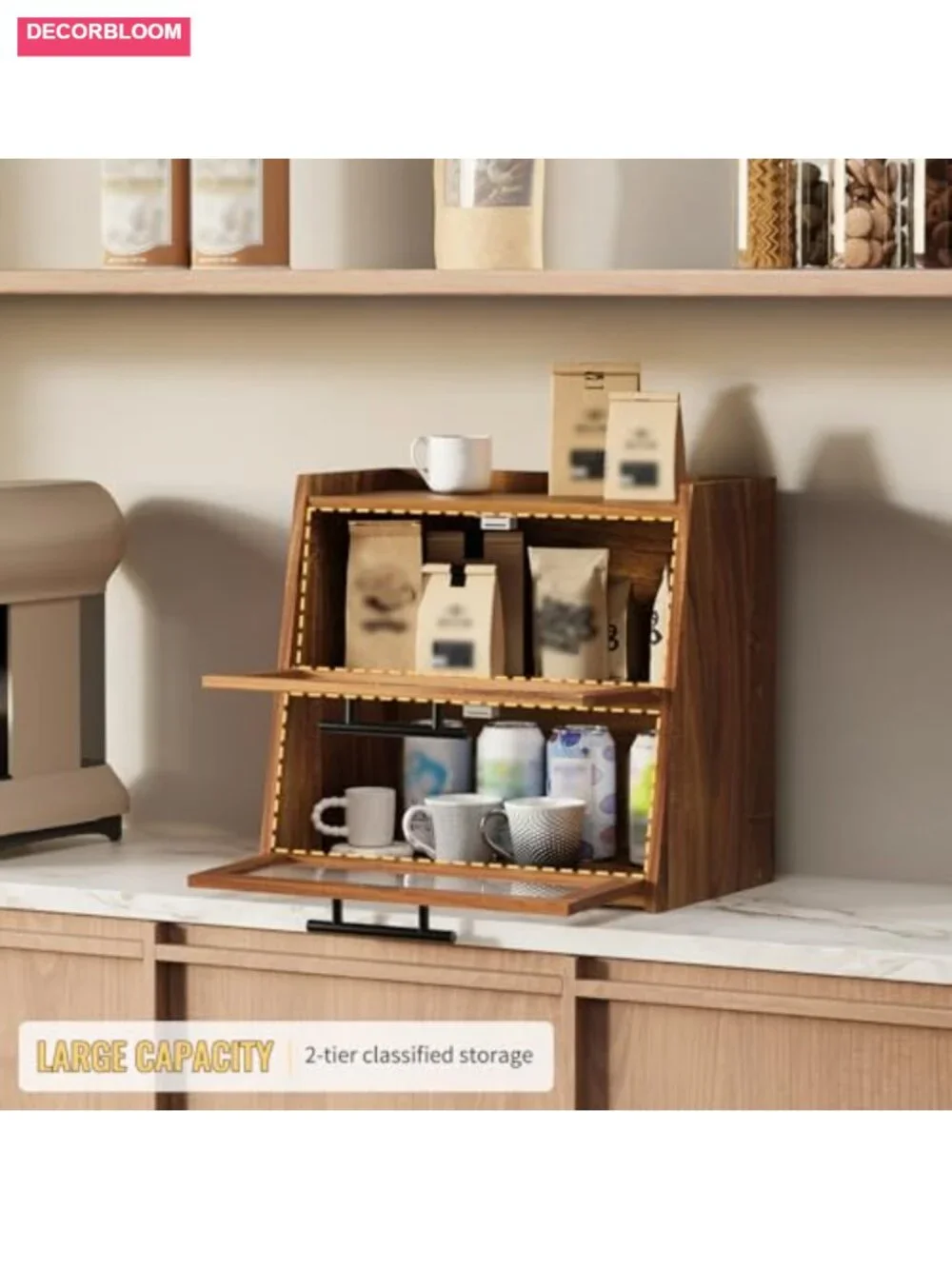Acacia Wood Double Layer Bread Box with Bronze Handles and Fluted Acrylic Door
